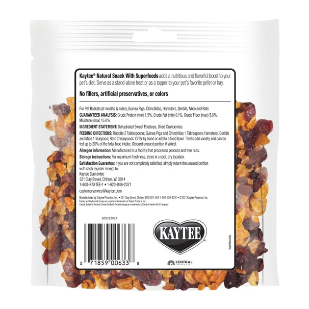 Kaytee Natural Snack with Superfoods Sweet Potato & Cranberry Blend Small Pet Treats, 3-oz bag 6 Kaytee Natural Snack with Superfoods Sweet Potato & Cranberry Blend Small Pet Treats, 3-oz bag - Image 6